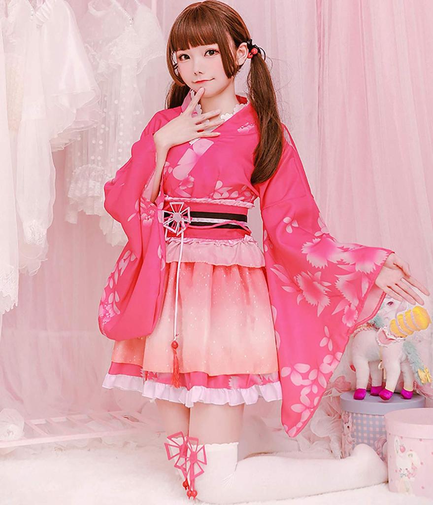 Yukata Minirock im japanischen Stil Süßes Cosplay Halloween Kostüm Set Sommerfest Kurtisane [Milchzeit] (Rosa)