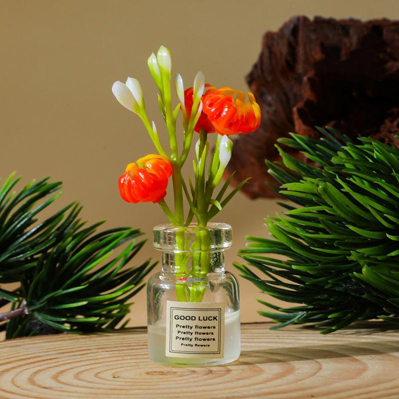 2Pcs Mini Flower Vase Dollhouse Accessories Simulation Pink Rose White Jasmine Mini Floral Arrangement Miniature Model