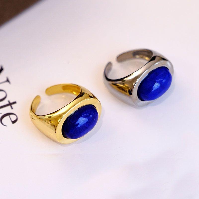 Simplicity Lapis Lazuli Rings For Women Original Design Glossy Oval Design Couple'S Ring Banquet Jewelry Adjustable Opening