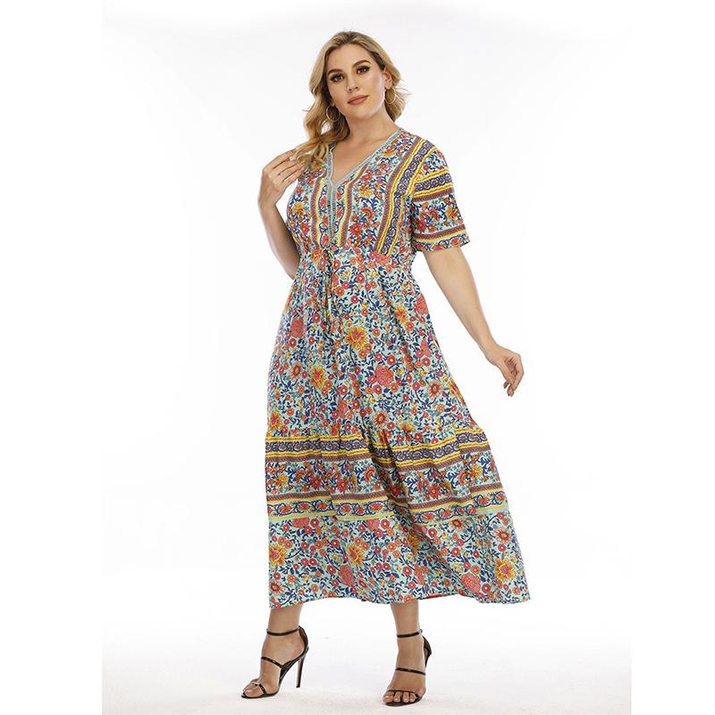 (M~4XL) Vestido Largo Boho con Estampado Floral para Mujer Cuello en V manga corta cintura alta patchwork vestido maxi moda casual transpirable ligero talla grande
