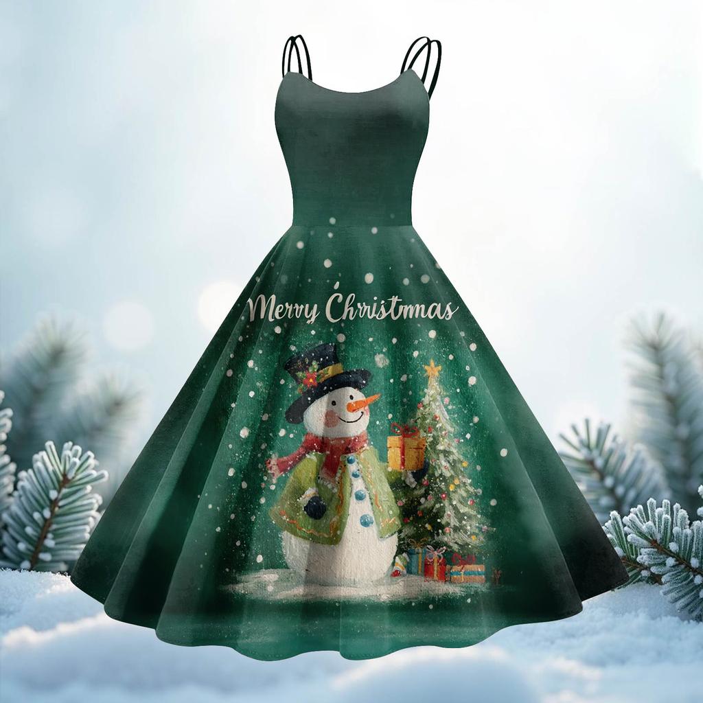 Women's Christmas Print Casual Fashion Round Neck Mid-Length Dress