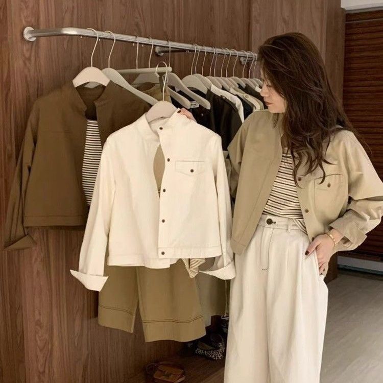 Women's Solid Color Cargo Jacket Korean Style Casual Short Length Long Sleeve Outerwear for Autumn