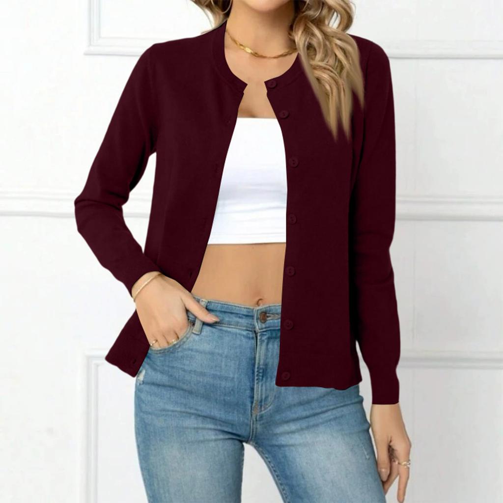 Cardigan in Maglia da Donna con Bottoni Frontali, Girocollo, Manica Lunga, Top Morbido Casual