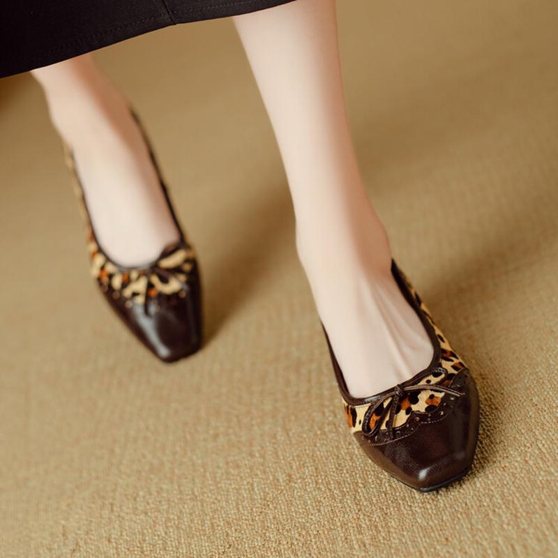 Fashion NEW Spring/Autumn Women Pumps Square Toe Low Heel Shoes Fashion Leopord Horsehair Handmade Shoes Bow-knot Shallow Women Pumps