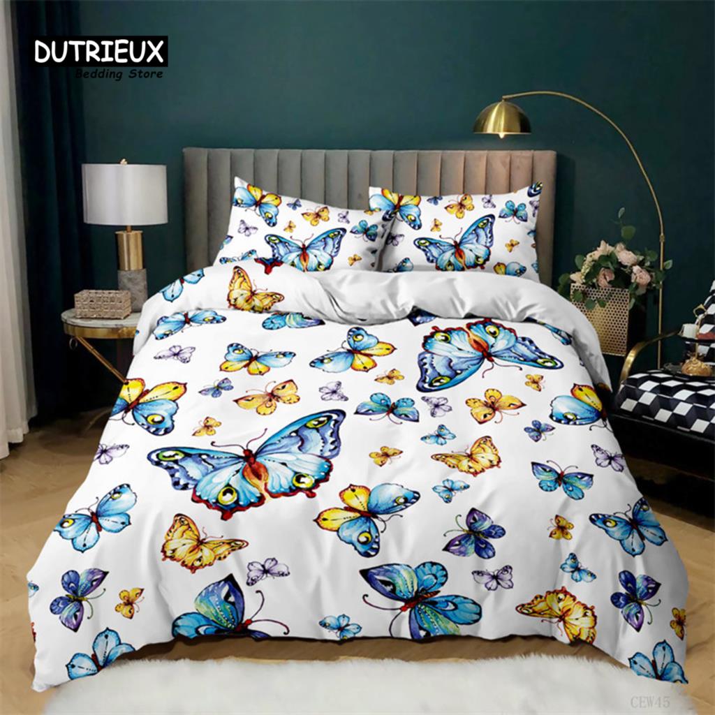 Girls Duvet Cover Set Queen Size Butterfly Bedding Set For Kids Teens Gorgeous Colorful Butterflies Comforter Cover Pillowcases