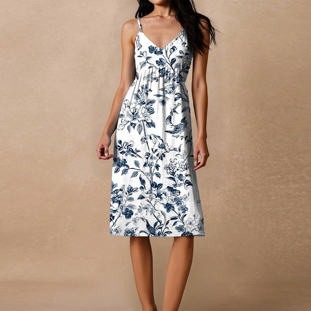 Damen Spaghetti-Träger Rückenfrei Schleife Locker Lässig Strandurlaub Blumenmuster Kleid Sommerkleid