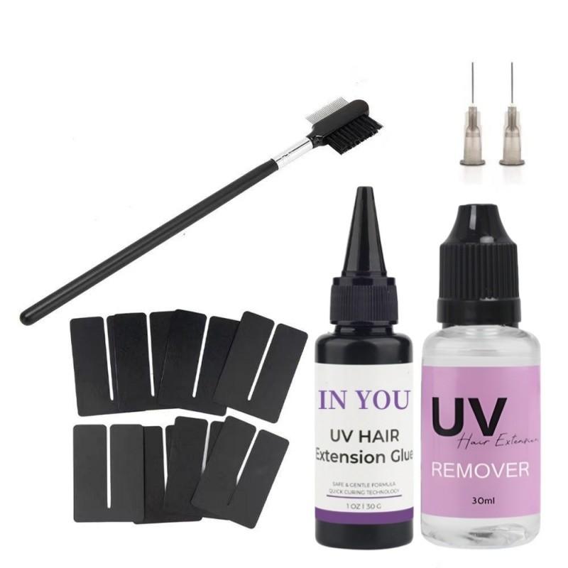 

Набор для УФ наращивания волос: 30 г Клей + 30 мл Удалитель, Быстросохнущие Водостойкие Соединения + 4 Защиты от УФ-лучей | Безопасный Набор для Салона и Дома Accessories
