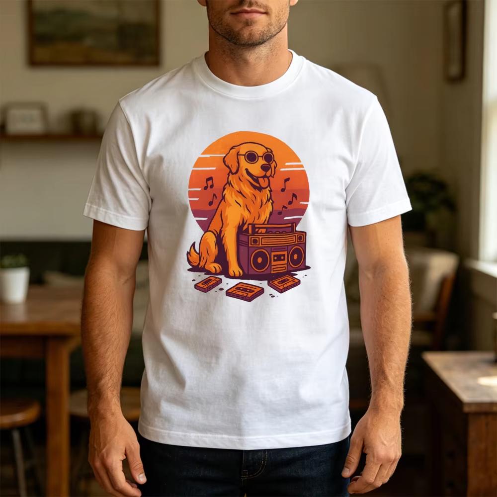 Retro Boombox Dog Sunglasses Unisex T Shirt Summer Cassette Tape Music Tee Vintage Eighties Pop Culture Print Clothes