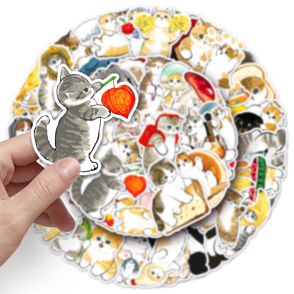 50 Cute Hand-Drawn Kitten Stickers: Waterproof Decals for Notebooks, Suitcases, Journals, and Water Bottles