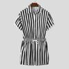 Men's Striped Romper Shorts Fashion Casual Playsuit Short Sleeve Button-down Shorts Lapel Jumpsuit Drawstring Streetwear XS-3XL