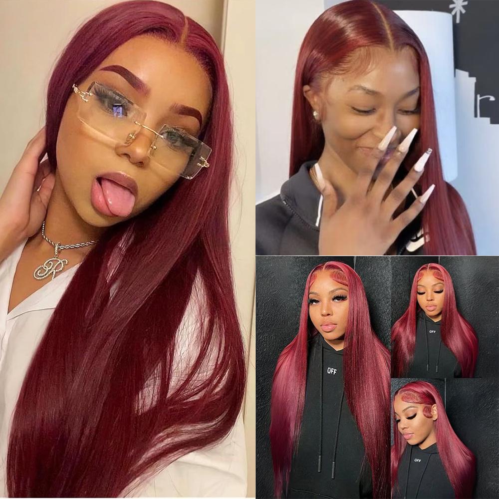 AIMEYA Burgundy Long Silky Straight Wig 13x4 Synthetic Lace Front Wigs for Women Heat Resistant Natural Hairline Daily Wear