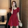 Be Careful with Backless Square Neck Bubble Sleeves Red Dress Women's Waist and Thin Temperament Age-reducing Skirt