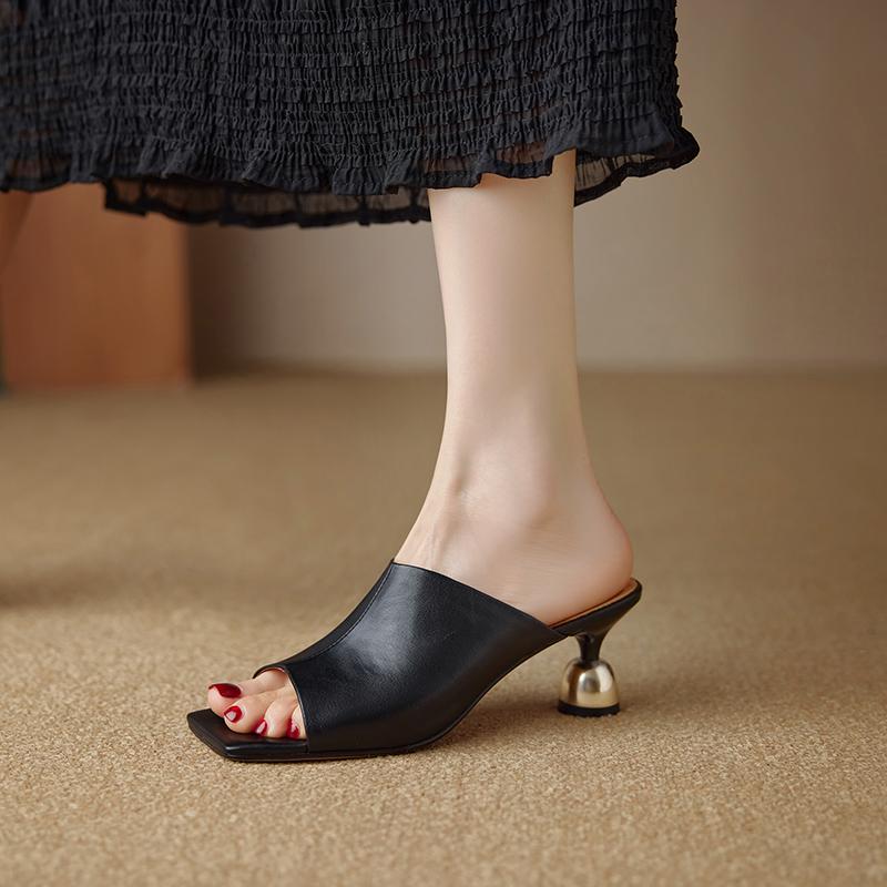 Fashion Women's Strange Heel Open Toe Slippers Genuine Leather Casual Fish Mouth Shoes Luxury Brand Open Toe Summer Solid Color Sandals