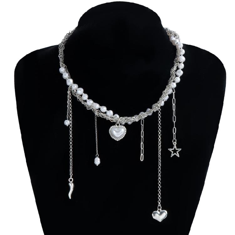 Sophisticated Multilevel Heart Charm Pendant with Pearls Accents Necklace Jewelry Accessory for Fashionable Outfits