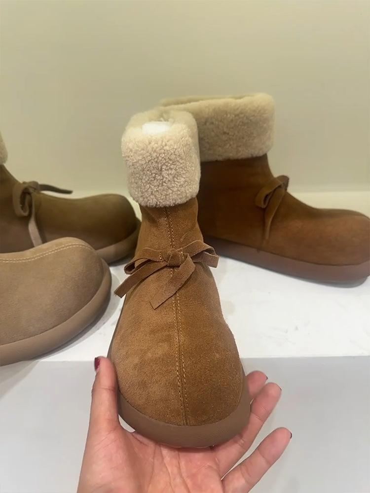 Nai Pie~ Fur integrated fleece warm fluffy cotton boots women's retro wind short boots bow non-slip snow boots