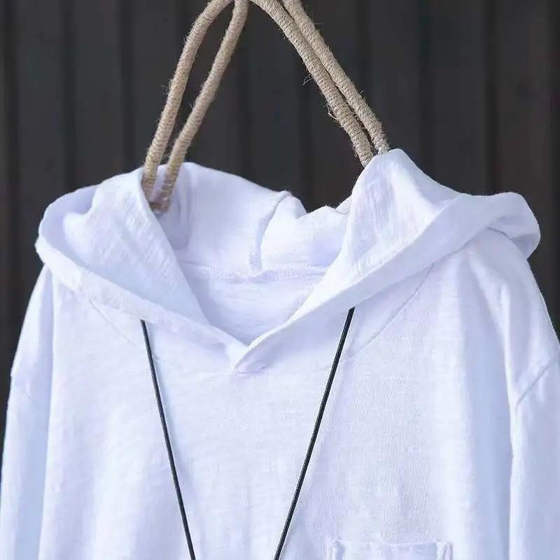 Cotton Hooded T-shirt Women's Spring and Autumn New Loose Long-sleeved Artistic Hole Casual Top To Show Thin Slit Bottom Shirt