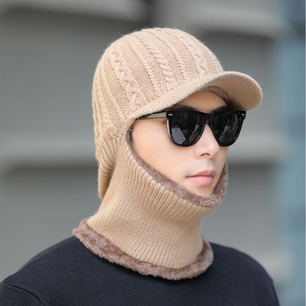 Men's Thickened Knitted Hat Autumn and Winter Outdoor Vest Set Cold Proof Wool Hat Plus Velvet Warm and Cold Hat