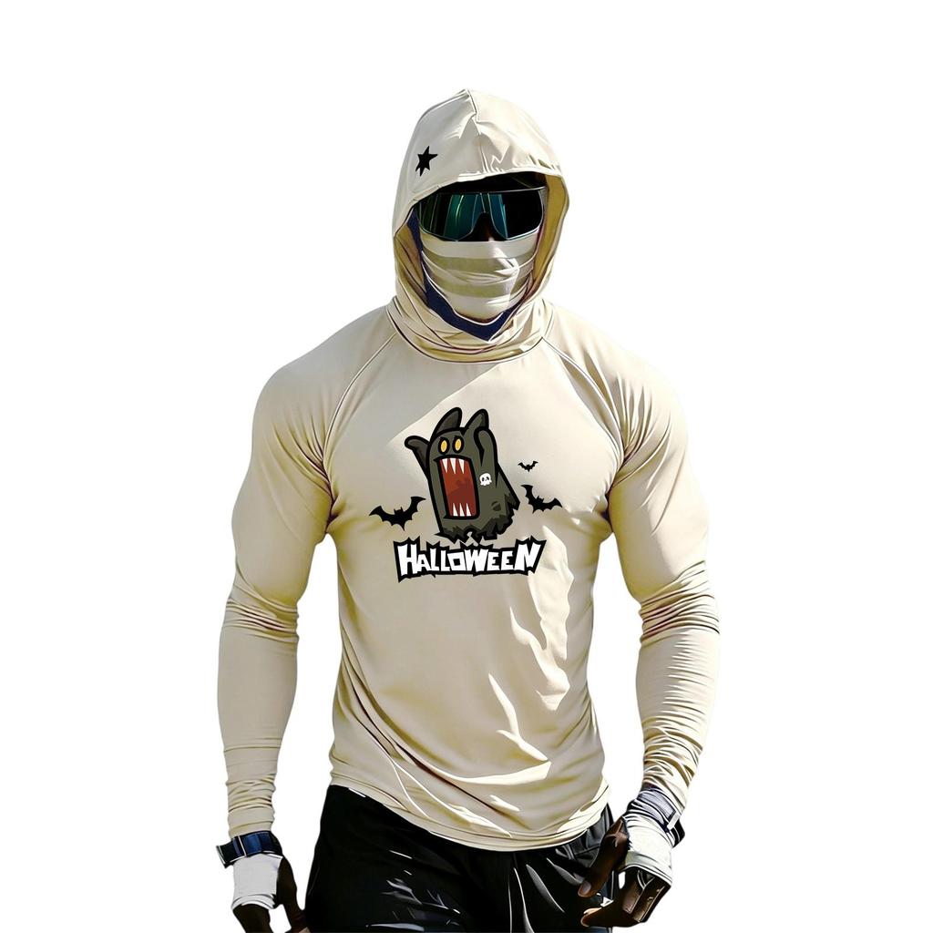 Men's Casual Hooded Long Sleeve Raglan Color-Block Sun Top with Halloween Print (Without Glasses)