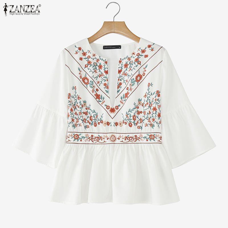 ZANZEA Damen Rundhals Blumenmuster Locker 3/4 Ärmel Rüschen Bluse