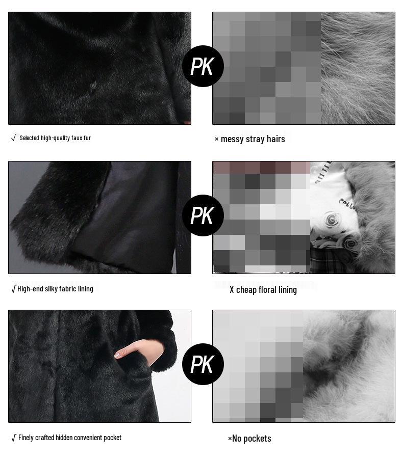 Women's Mid-Length Faux Mink Coat with Hood and Fox Fur Collar - Korean Style