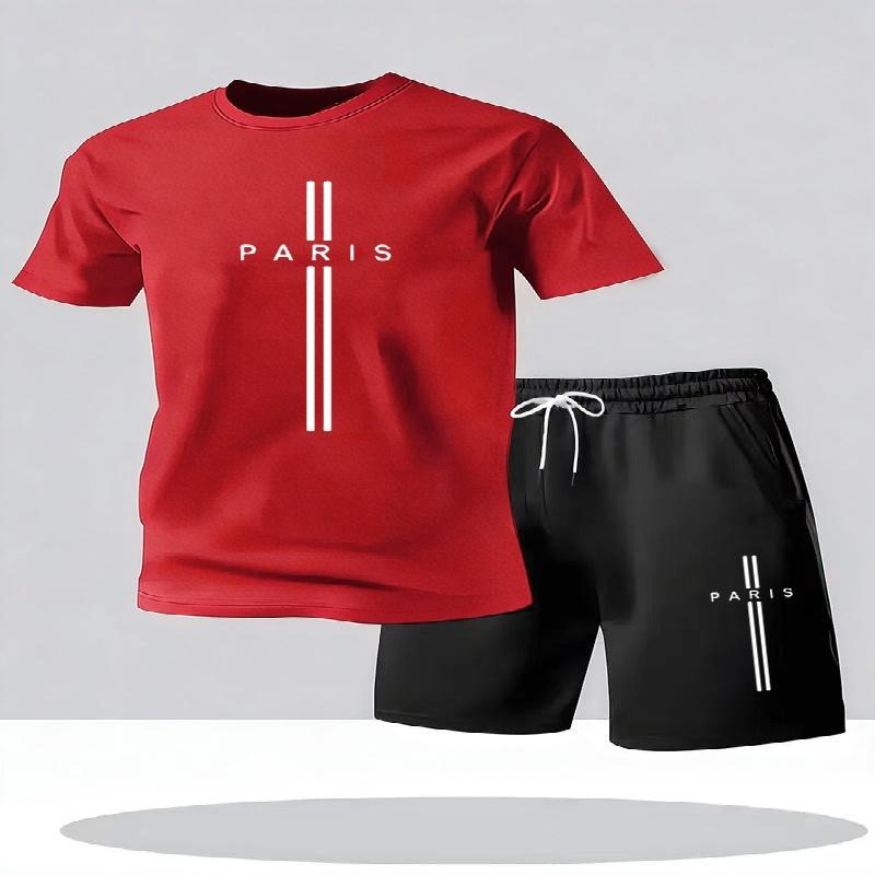 New Minimalist Solid-Color Paris Letter Print T-Shirt and Shorts Two-Piece Set Summer Plus-Size Athletic Men's Short-Sleeve Set