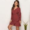 Elegant Polka Dot Ruffle Wrap Asymmetrical Women Summer Dress V-Neck Full Sleeve Sexy