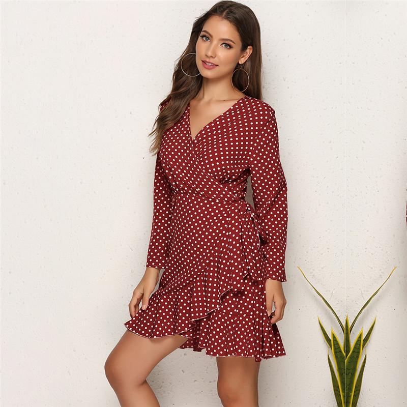 Elegant Polka Dot Ruffle Wrap Asymmetrical Women Summer Dress V-Neck Full Sleeve Sexy