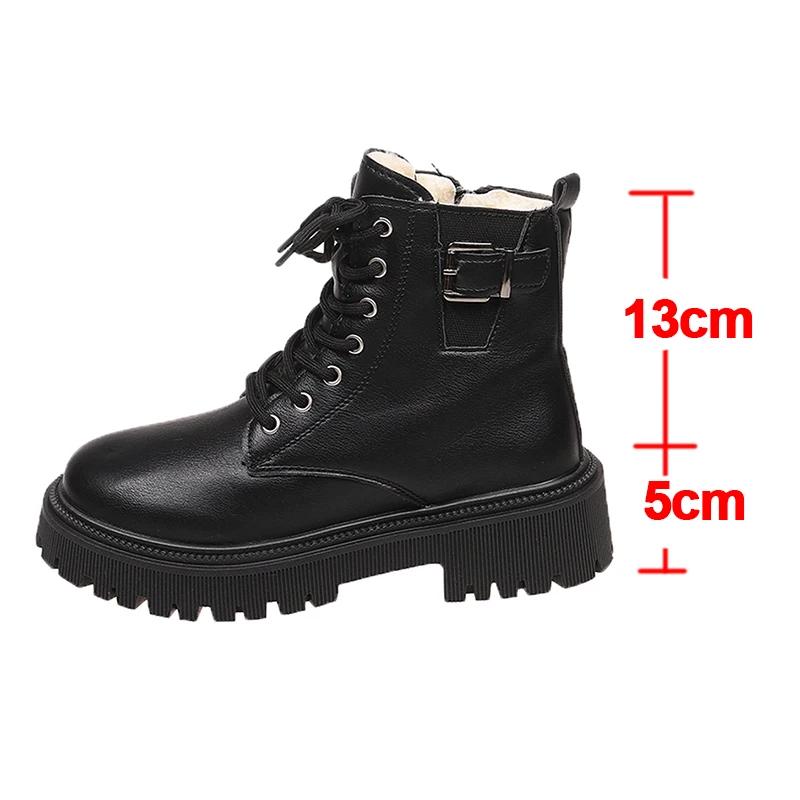 

Women s Winter Black Ankle Boots Warm Short Plush PU Leather Short Boots Non Slip Motorcycle Platform Shoes Botas Mujer Size35 42 чорний