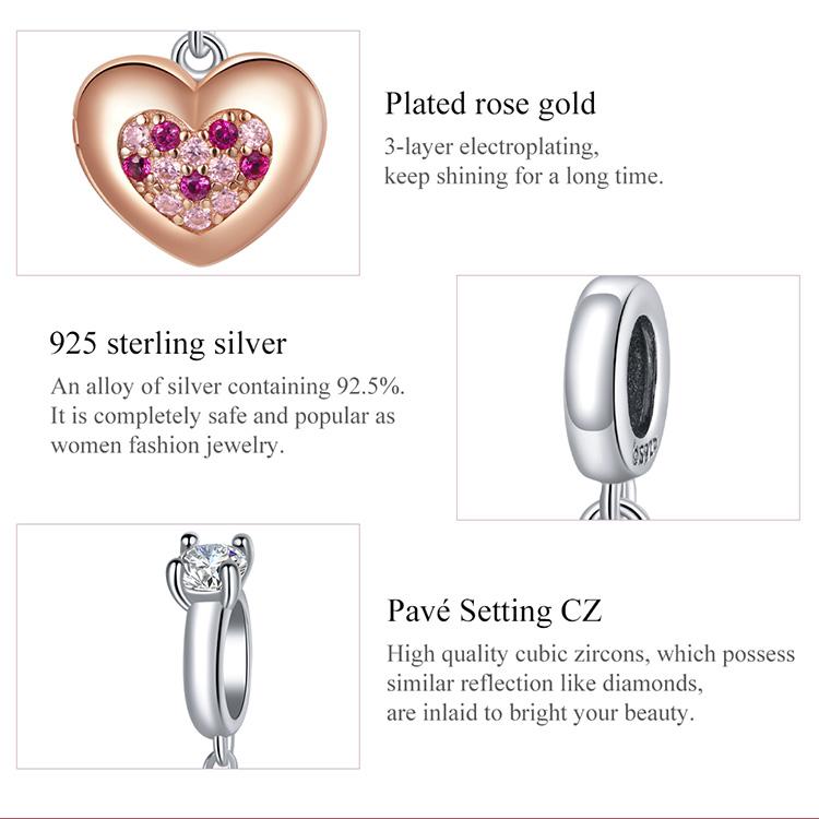 Bamoer 925 Sterling Silver Shine Pink Zircon Rose Gold Heart-shape Charm Pendant Fit Original 3mm Bracelet DIY Jewelry
