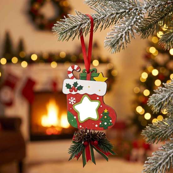 Custom Keepsake Gifts Wooden Christmas Tree Ornaments, 2D Stocking House Shaped Photo Frame Hanging Decor Decor, Xmas Ornament for Family Holiday