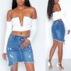 Women Mini Ripped Denim Skirt Casual Mid Waist Solid Frayed Hem Pocket Distressed Irregular Hole Short Bag Hip Skirt Streetwear