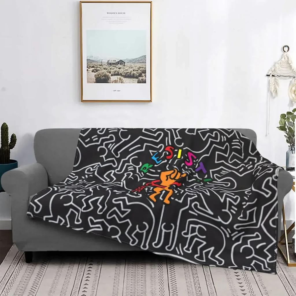 Dancing In The Wind Colorful Theme Flannel Throw Blanket Soft Cozy Haring Geometric Paintings Art for Bedroom Couch Home Decor