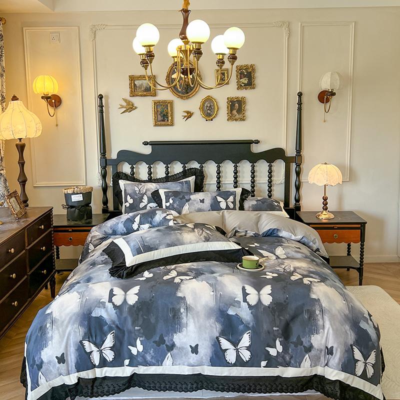 

100% Cotton Butterfly Prints Ruffles Princess Bedding Set Double Queen King Size Duvet Cover Flat/Fitted Sheet Pillowcases 4Pcs Queen 200X230cm 4pcs