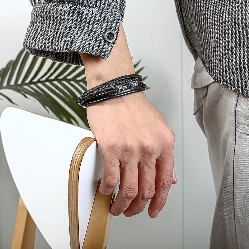 Mens Stainless Steel Braided Bracelet With Magnetic Clasp Multi-Layer Leather Wristband Geometric Design