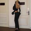 Women Solid Furry Long Sleeve Top Slim Flared Long Pants Two Piece Outfit