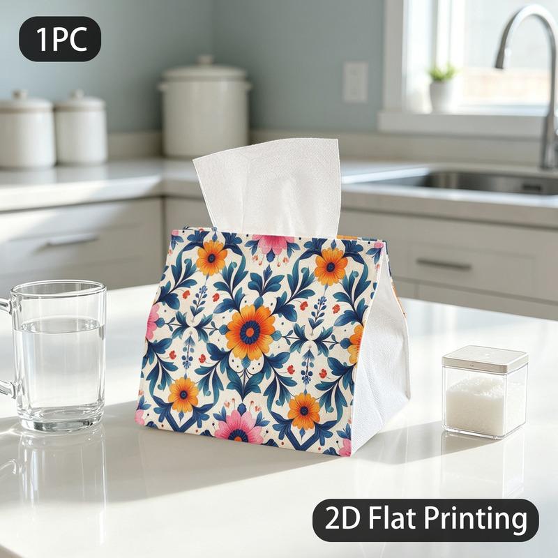 1pc Decorative Tissue Box with Vibrant Symmetrical Floral Napkin Dispenser Suitable, Dining Table, Office, - Compact Portable Napkin Holder, Easy to C