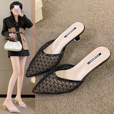 2025 Spring and Summer New Bag Head Through the Net Sandals Fairy Style Pointed High Heels Wear Thin Heels Cool Slippers