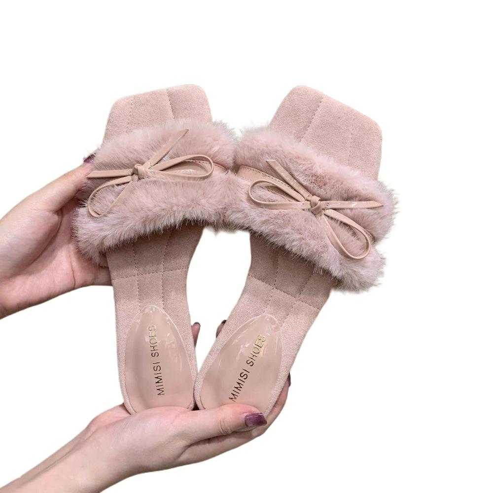 Fashion New Winter Fluffy Slippers Women Bow Square Toe Warm Slides Women Outdoors Peep Toe Sweet Elegant Chunky Fur Slippers Female