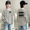 Boys' Striped Cotton Long-Sleeve T-shirt - New 2026 Style, Spring/Autumn Patchwork Base Layer for Medium/Large Children