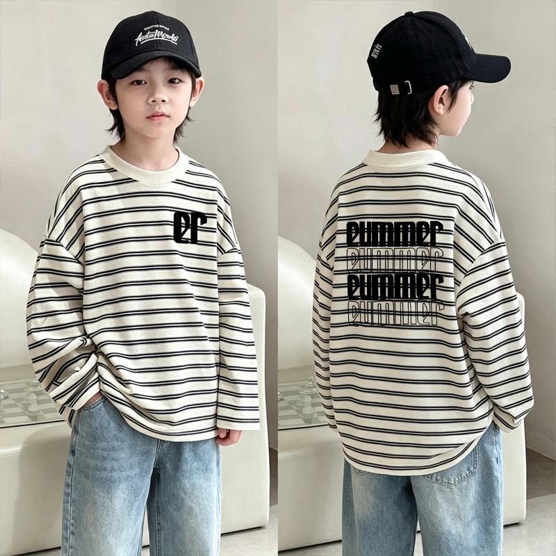 Boys' Striped Cotton Long-Sleeve T-shirt - New 2026 Style, Spring/Autumn Patchwork Base Layer for Medium/Large Children