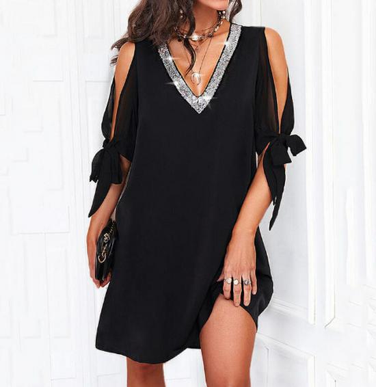 2026 Spring/Summer Plus Size Off-Shoulder V-Neck Sequin Chiffon Dress 2XL чёрный