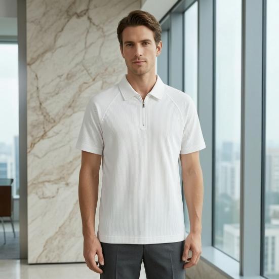 Men Quarter Zip Shirt Loose Fit Turndown Collar Short Sleeve Textured Shirt Casual Solid Color Golf Shirt for Office Daily Life Date
