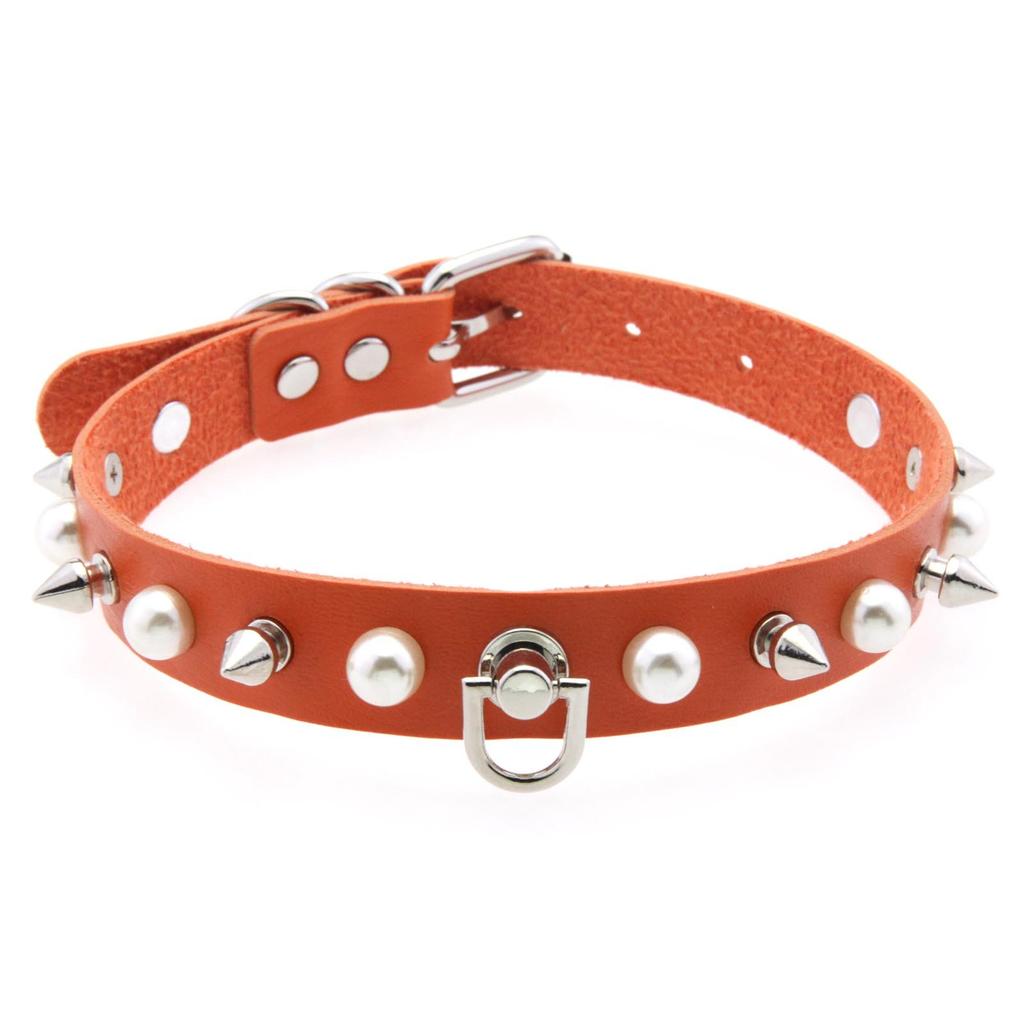 Alloy Spike D-ring Choker, Faux Pearl Rivet D Buckle Leather Clavicle Necklace