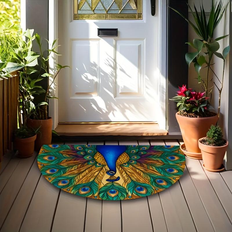 1Pcs Elegant Peacock Semi Circle Welcome Doormat Non-Slip for Outdoor Patio Porch Kitchen Bathroom Entryway Floor Mat