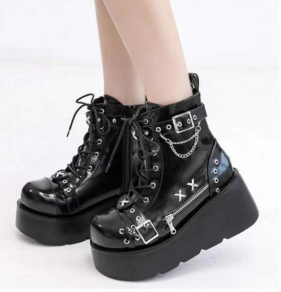 Demonia Thick-Soled Round-Toe Boots with Buckle and Lace-Up Design
