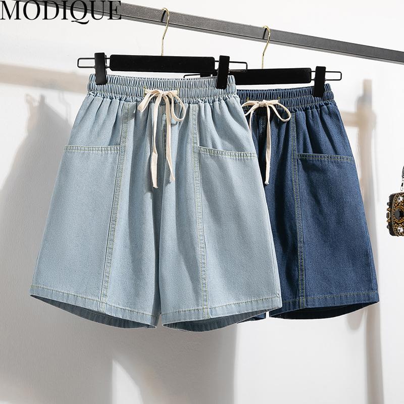 MODIQUE Été Femmes Grandes Tailles Ample Basiques Élastique Cordon de Serrage A-Ligne Jambe Large Short en Denim Féminin Décontracté Bleu Foncé Short