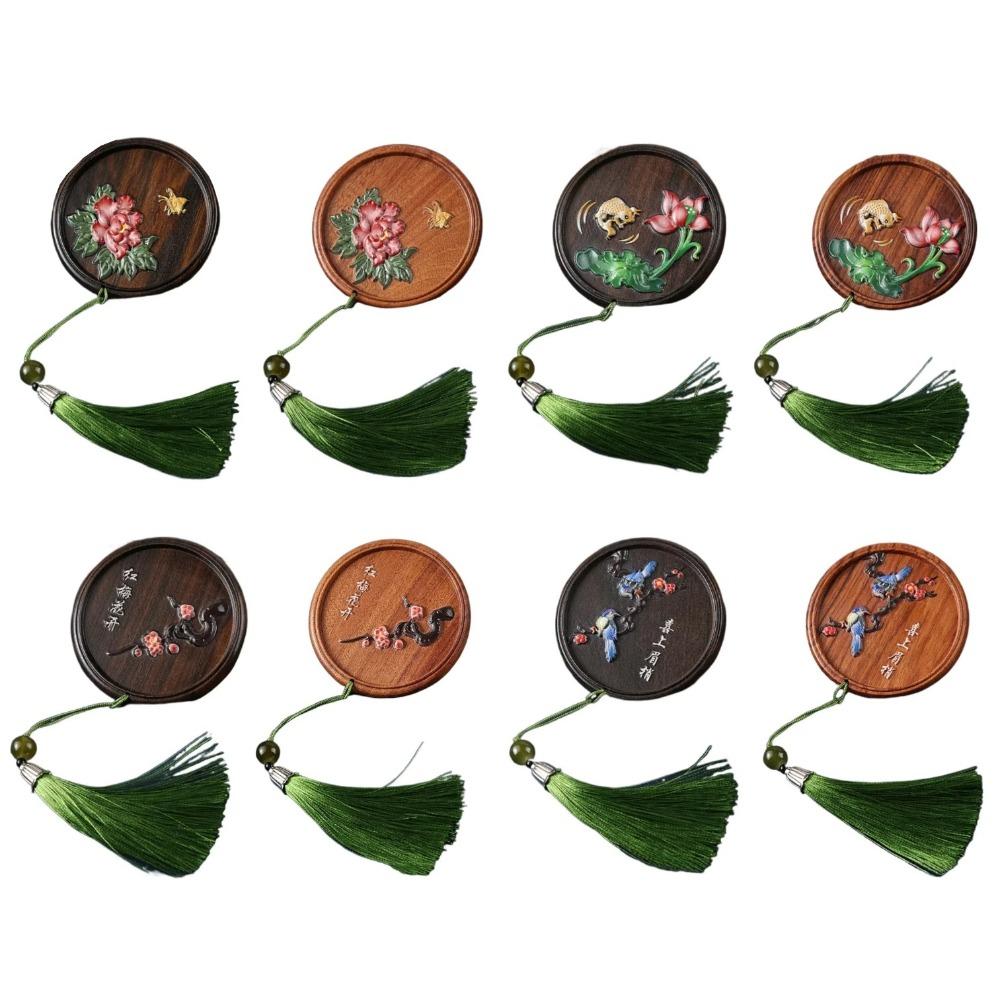 Fashion Portable Chinese Style Handheld Mirror Magpie Fish Wooden Cosmetic Mirror Tassels Round Pocket Makeup Mirror Women
