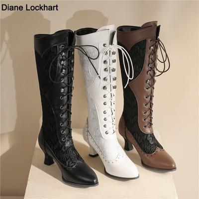 Fashion Women Victorian Pointed Toe Mid-Calf Boots Leather Lace Hollow Out Punk Lace Up Strange Steampunk High Heel Shoes Plus Size32-43