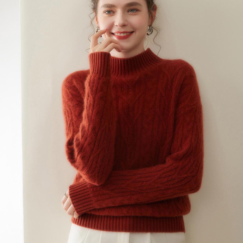 Women's Thickened Half-High Neck Cable Knit Cashmere Sweater - Soft, Versatile Autumn/Winter Pullover