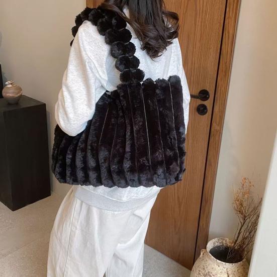 Plysj Skulderveske Dame Fuzzy Tote Fluffy Håndveske Ensfarget Furry Lommebok Vintergave